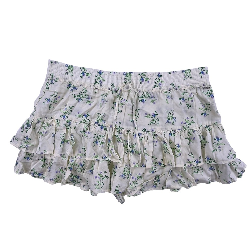 Victorias Secret PINK Satin Ruffle Skirt Shorts Floral Cream Blue Large NWT